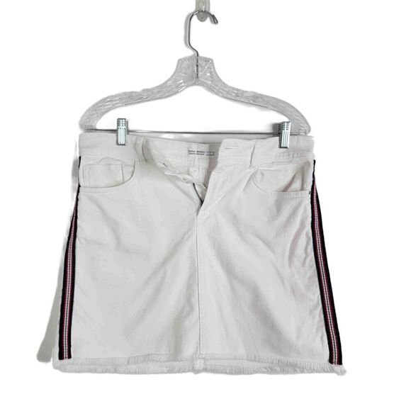 Zara Basic White Denim Mini Skirt Side Stripes Front Pockets Belt Loops Large - Picture 2 of 8